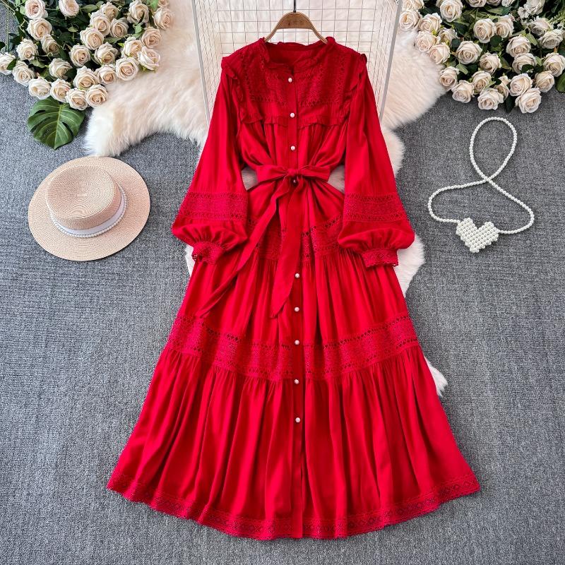 Krajkové šaty s dlouhým rukávem a volánky Jednobarevné Korejská móda Jednořadé Elegantní Retro Podzimní Dlouhé šaty Volánky Mašle Dámské šaty
