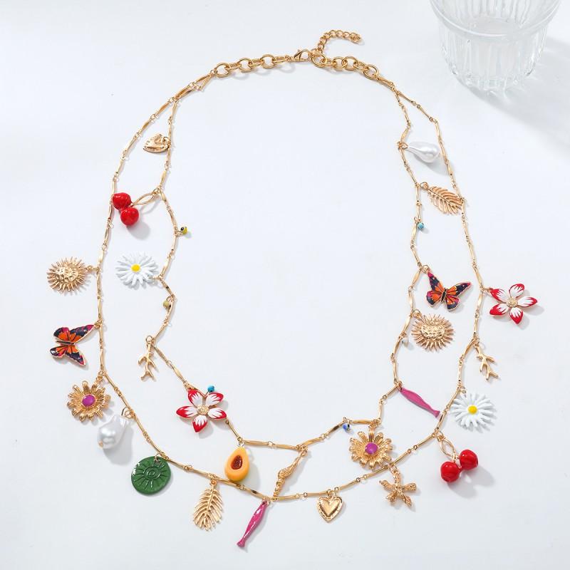 Womens Layered Zinc Alloy Pendant Necklace With Heart Floral Leaf Butterfly Cherry Motifs Drip Paint Finish 81cm Length