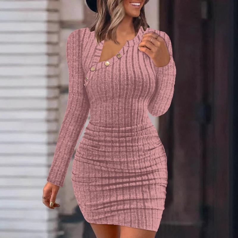 New women's clothing solid color off-shoulder diagonal collar tight hip-wrapped fashion slim-fitting sexy long-sleeved dress