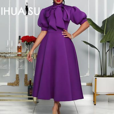 Plus-size Women's Summer Bow Girl Solid Color Short Sleeve Banquet Half Turtleneck Dress