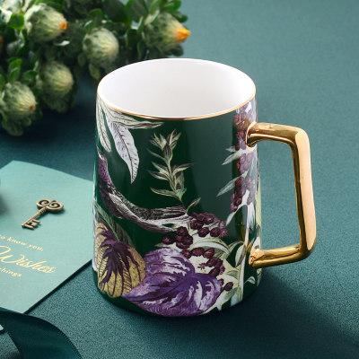 480ml Ceramic Coffee Mug With Luxury Gold Handle Pastoral Style Gold Flower Bird Magpie Birthday Gift Mugs