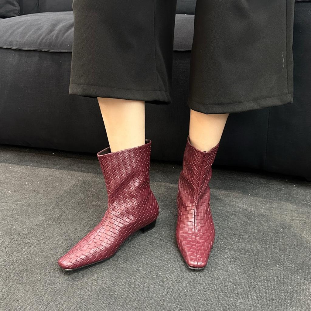 2025 Autumn and Winter New Small Square Head Thick Heel Low Tube Thin Martin Plaid Women's Short Boots