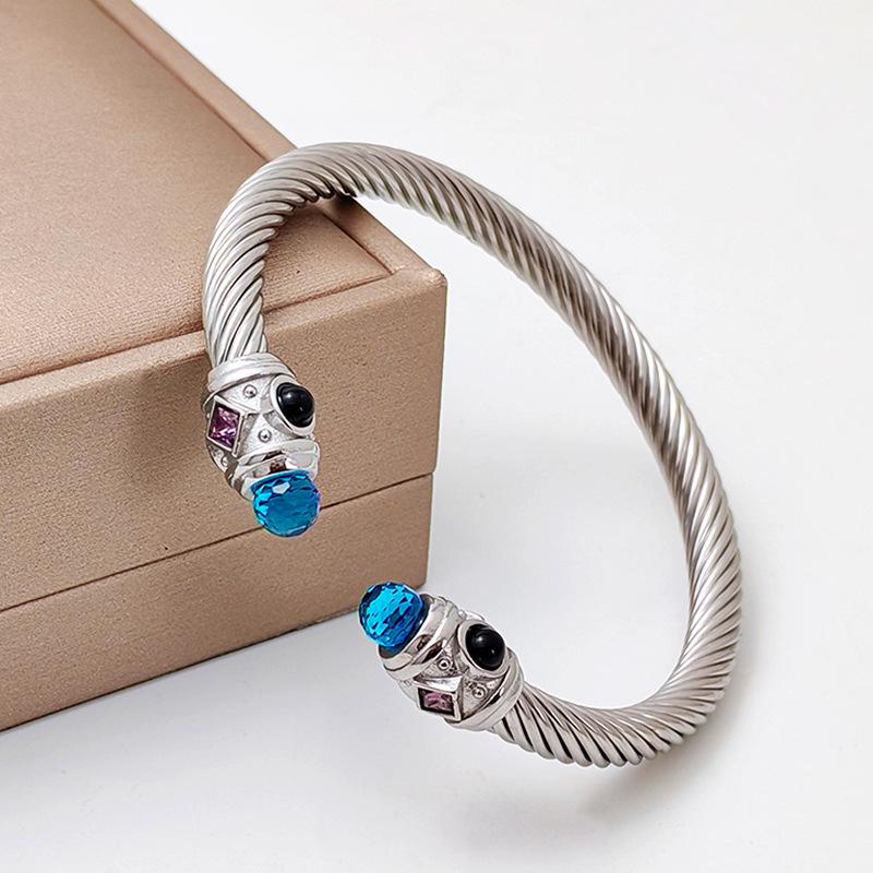 Stylish European-American 18K Gold Stainless Steel Wire Bracelet for Women, Geometric Open Design, Inlaid with Colored Diamonds, Colorfast.