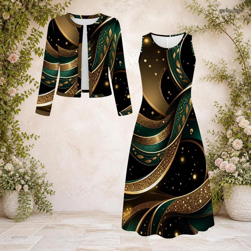 Women Plus Size Two Piece Dress Set Round Neck Long Sleeve Printed Dark Green Black With Pockets