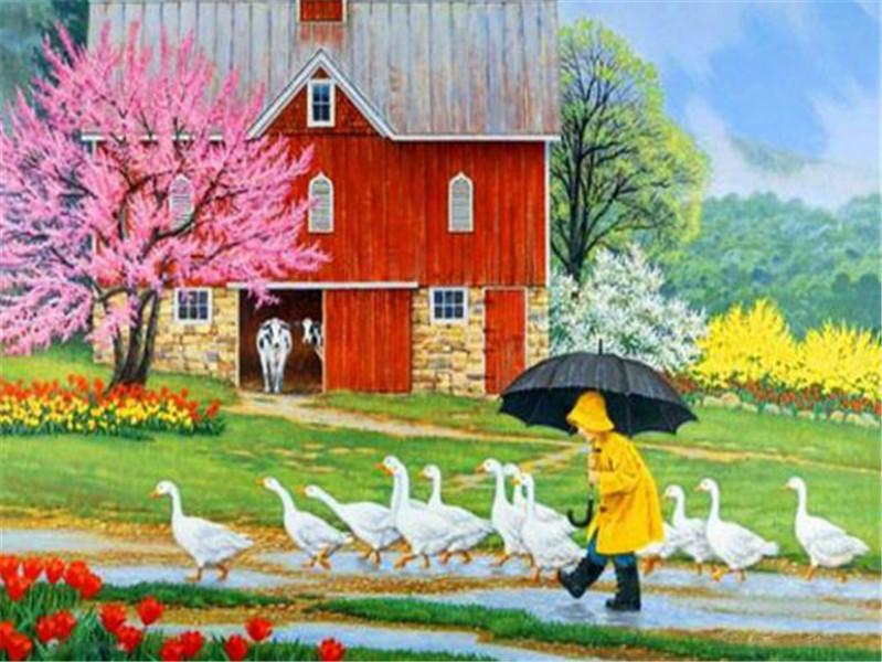 Kit de pictură cu diamante peisaj fermă 5D bricolaj broderie cu diamante punct de cruce primăvară strasuri mozaic decor