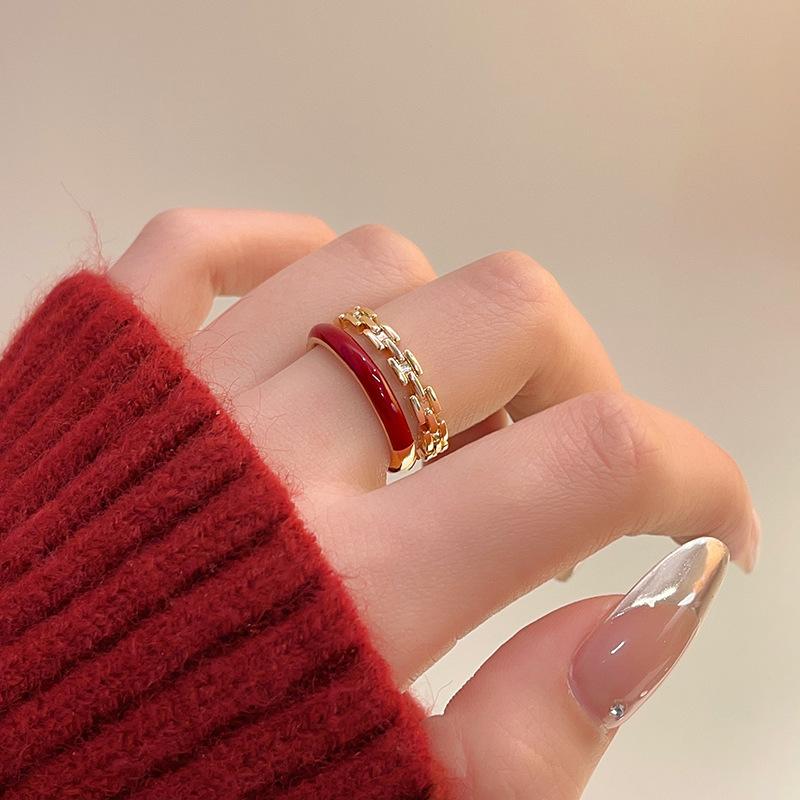 Francuski Podwójny Łańcuszek Pierścionek Ankara Czerwony Kropla Oleju Pierścionek na Palec Wskazujący Stylowa i Prosta Biżuteria