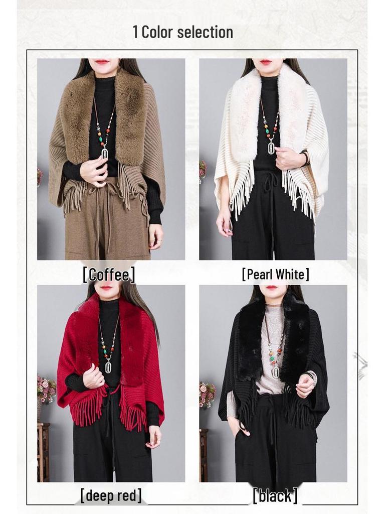 Women's Korean Style Knitted Batwing Sleeve Tassel Cloak with Fur Collar - Autumn/Winter 2025