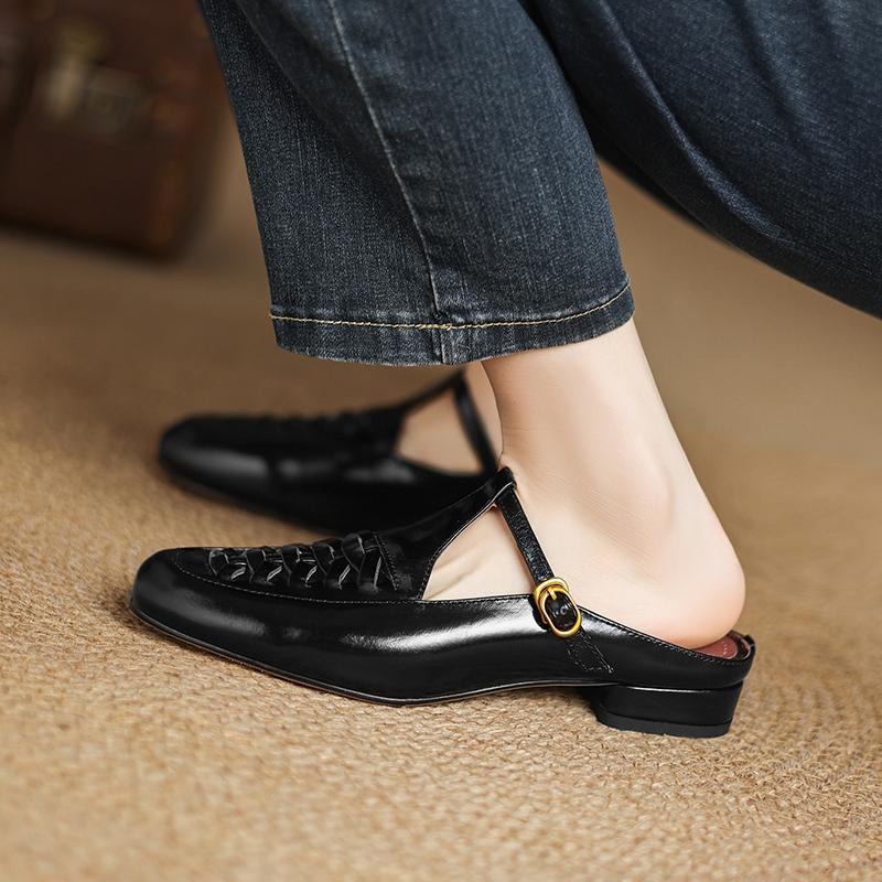 Fashion Women's New Summer Genuine Leather Metal Belt Buckle, Comfortable, Breathable, Low Heel, Large Toe, M Ü Ller Slippers