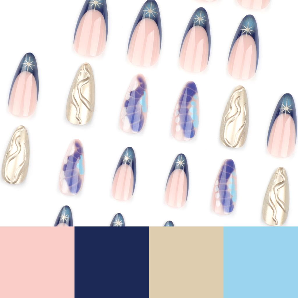 24 kusů 3D Zlatá Reliéfní Nasazovací Nehtová Špička Francouzský Vzor Krokodýlí Kůže Manikúra Krátký Mandlový Postupný Přechod Rozmazané Umělé Nehty