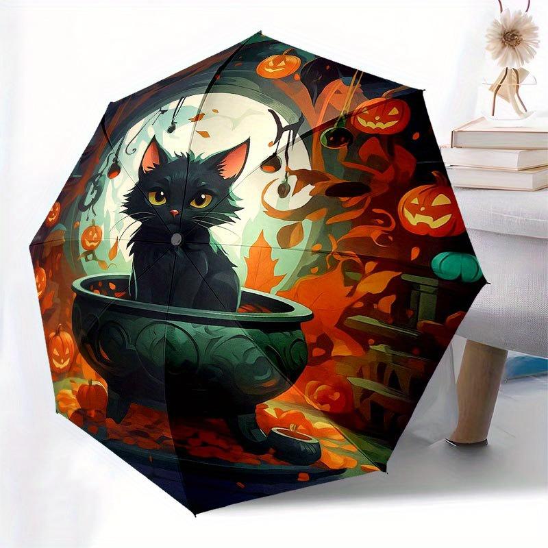 Halloween Black Cat Cauldron DecorUmbrella with Cute Design, Portable 3-Fold Compact Umbrella for Men & Women, Valentine's Day Mother's Day Halloween