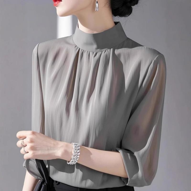 Women French Style Grey Elegant Long Sleeve Pullover Casual Shirt S