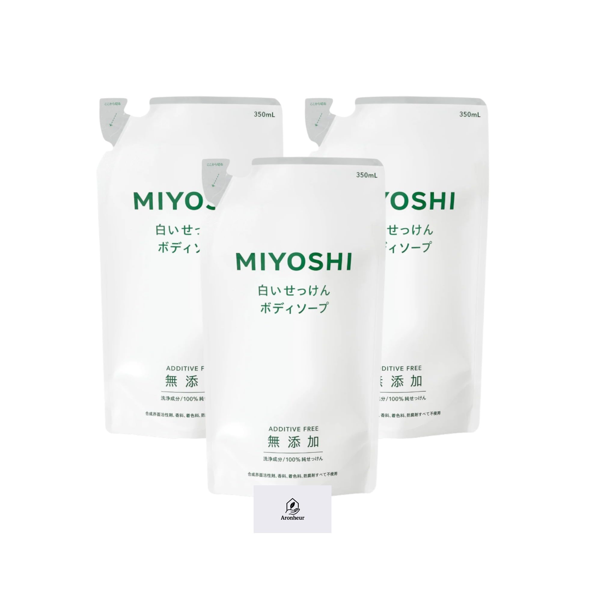 Miyoshi Additive-Free White Soap Body Wash Refill 350ml 3-Pack with Aronheur Original Mask Case