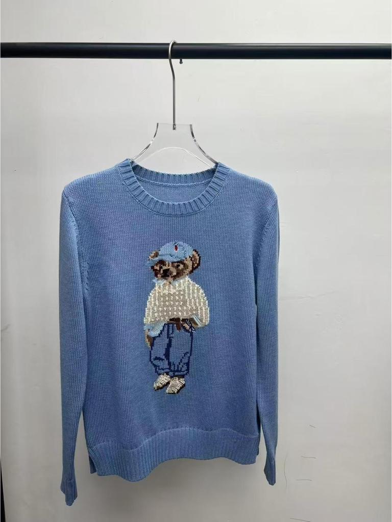 2025 R.L Wool Blend Cartoon Bear Round Neck Sweater - Women's Autumn/Winter Versatile Embroidered Style