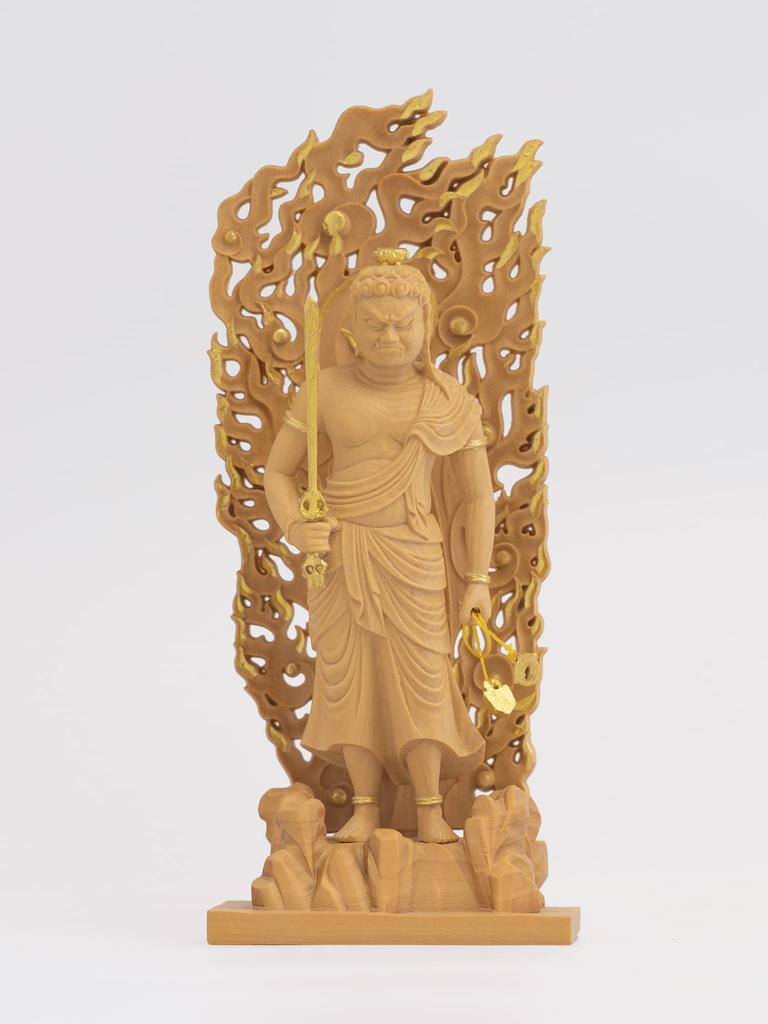 Drobná zlatá hliněná dřevěná ozdoba Buddha Fudo Myoo Fudo Myoo 11,5 cm (Dřevěný buxus, povrchová úprava)Socha Buddhy, postava, řezba, (GSB