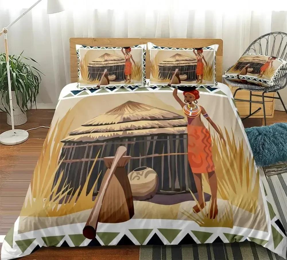 Afrikanische Frau King Queen Bettbezug Retro Exotische Tribal Black Girl Muster Bettwäsche Set Afrika Polyester Quilt Cover Kissenbezug