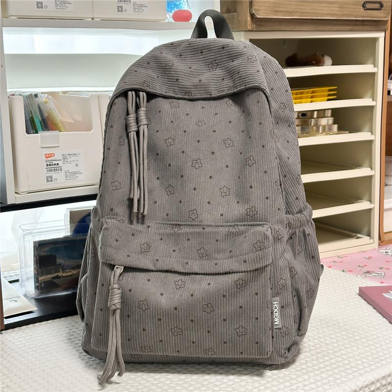 Cute Star Print Corduroy Backpack Large Capacity Casual School Bag for Students