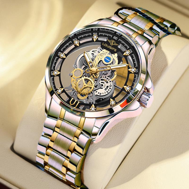 

2023 Двусторонние автоматические часы-скелетоны для мужчин в деловом стиле — водонепроницаемые, светящиеся