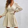 Women's Fashion Casual Solid Color V-Neck Drawstring  Sleeves Patchwork Dress
