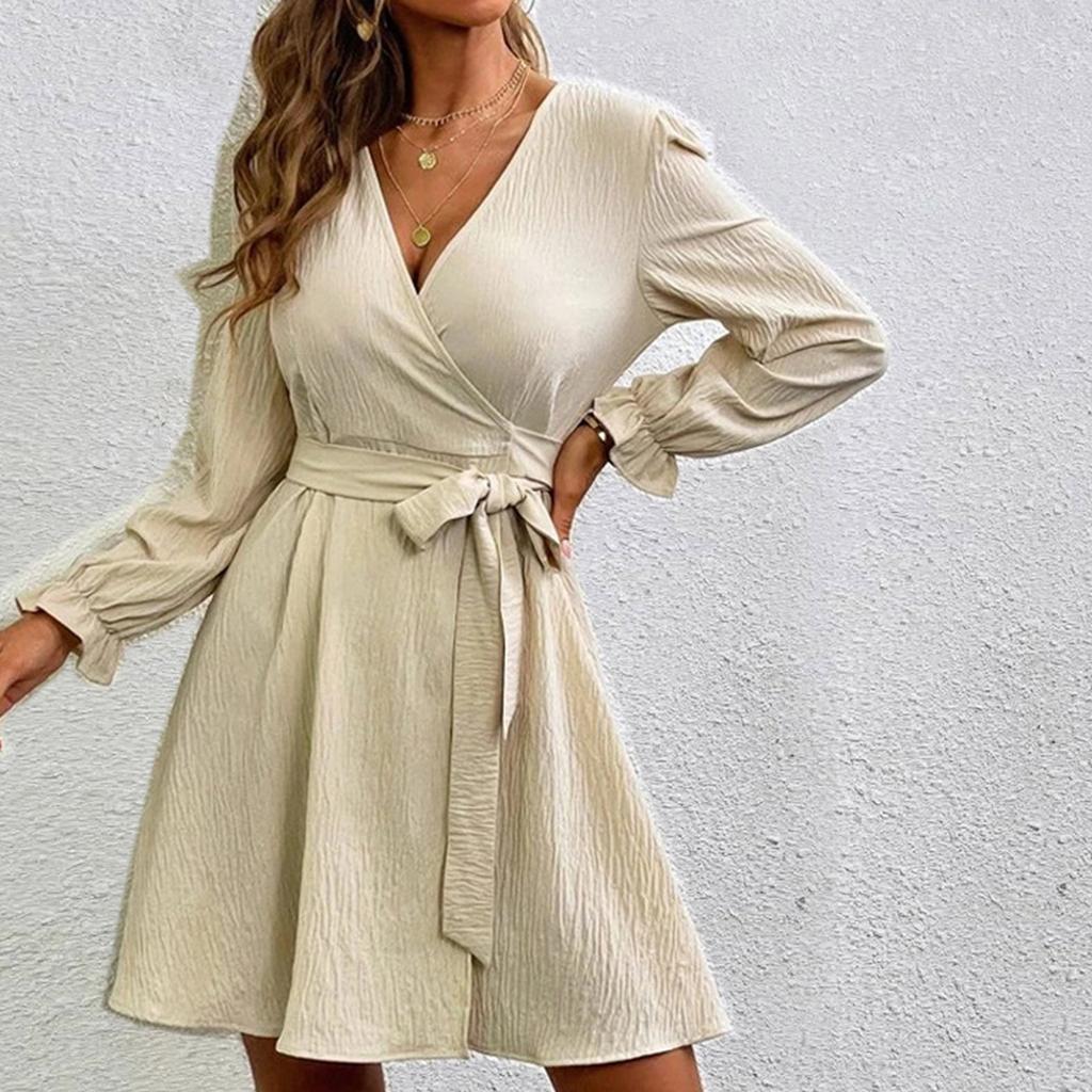 Women's Fashion Casual Solid Color V-Neck Drawstring  Sleeves Patchwork Dress