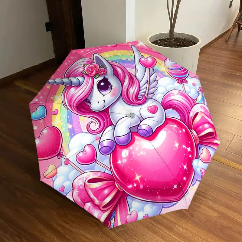 1pc Unicorn Fantasy: Cute Pink Pony with Rainbow Heart Umbrella with Plastic Handle,Suitable for All Seasons Home Travel Outdoor UmbrellaDD773