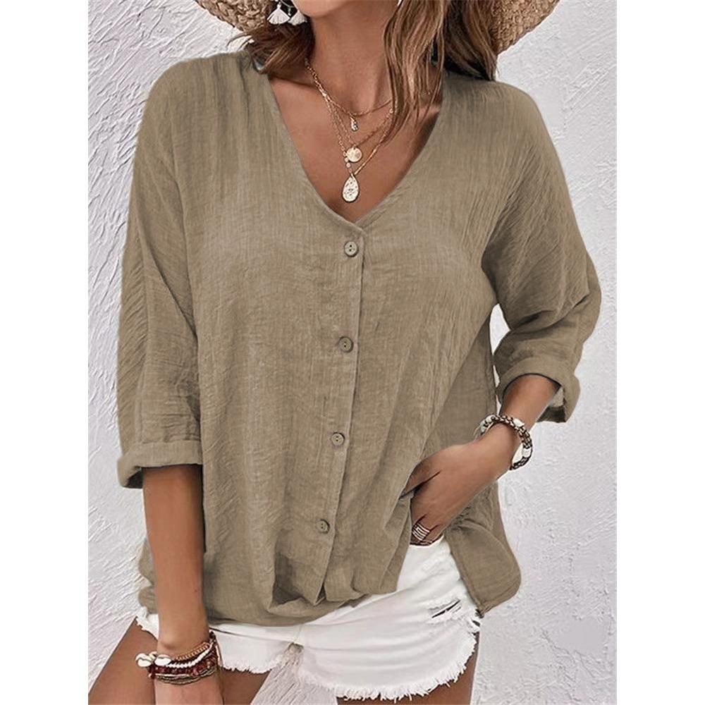 Women's V-Neck Three Quarter Sleeve Casual Loose Fit Button Down Blouse Shirt