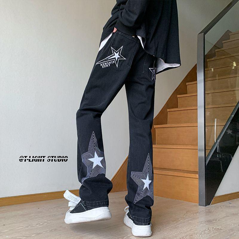

Брюки в американском стиле, уличные голубые джинсы со звездами и вышивкой, мужские брюки прямого кроя с дизайнерским смыслом XL чёрный