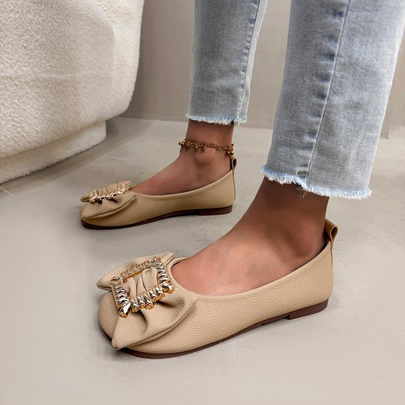 Fashion All-match Single Shoes Summer New Round Head Shallow Mouth Metal Buckle Butterfly Knot Soft Sole Non-slip Flat Shoes