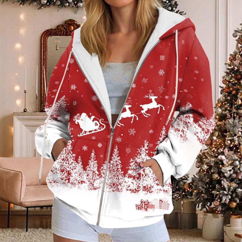 Autumn Winter Hooded Hoodies Women Casual Streetwear Zip Up Sweatshirts Long Sleeve Christmas Harajuku Graphic Hoodies Coats