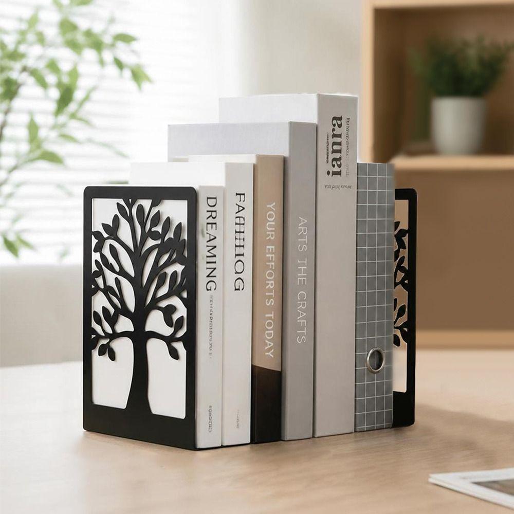 2Pcs Hollow Tree Pattern Metal Bookends T-Shape Non-slip Book Holder  Gift