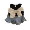 Stylish Summer Girl's Outfit Set Featuring Bow Tie Knit Vest And Frilled Denim Shorts