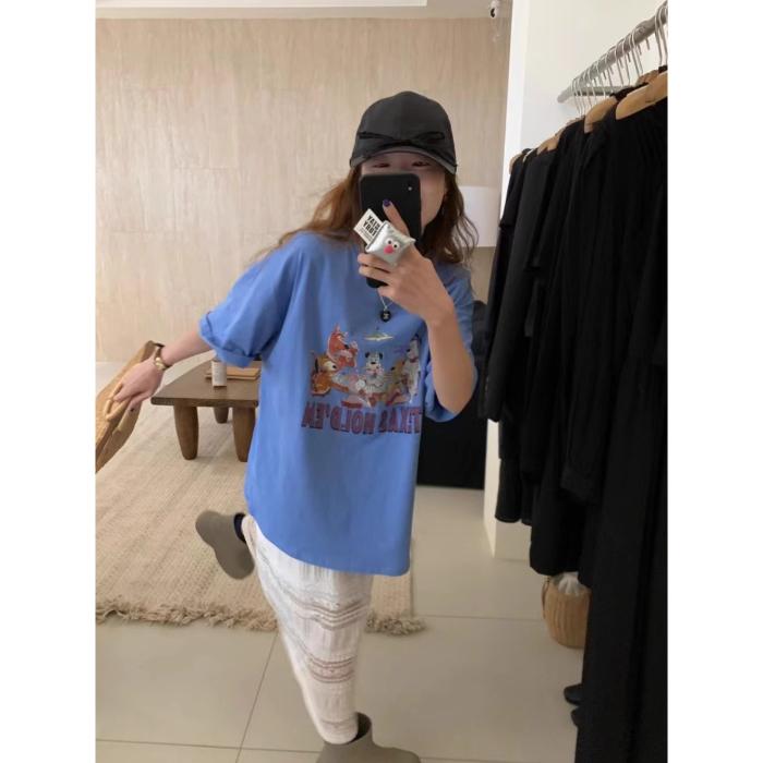 

Корейская летняя футболка с мультяшным принтом собаки, средней длины, женская, хлопок 00%, удобный повседневный топ 4XL