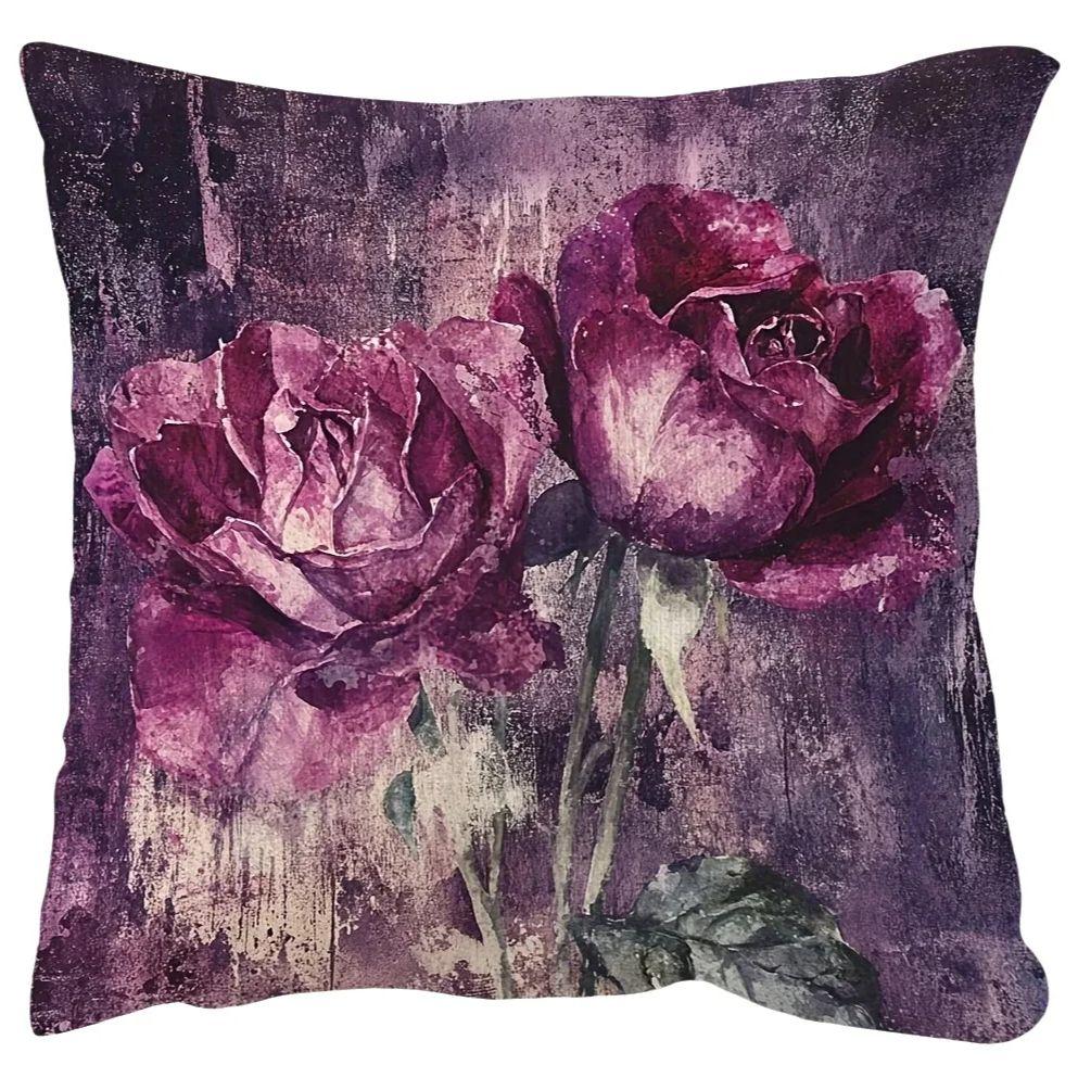 1Pc Dark Purple Watercolor Rose Pillow Cover, Polyester 2D Double-Sided Print, Vintage Floral Art Cushion, Romantic Flower Lover