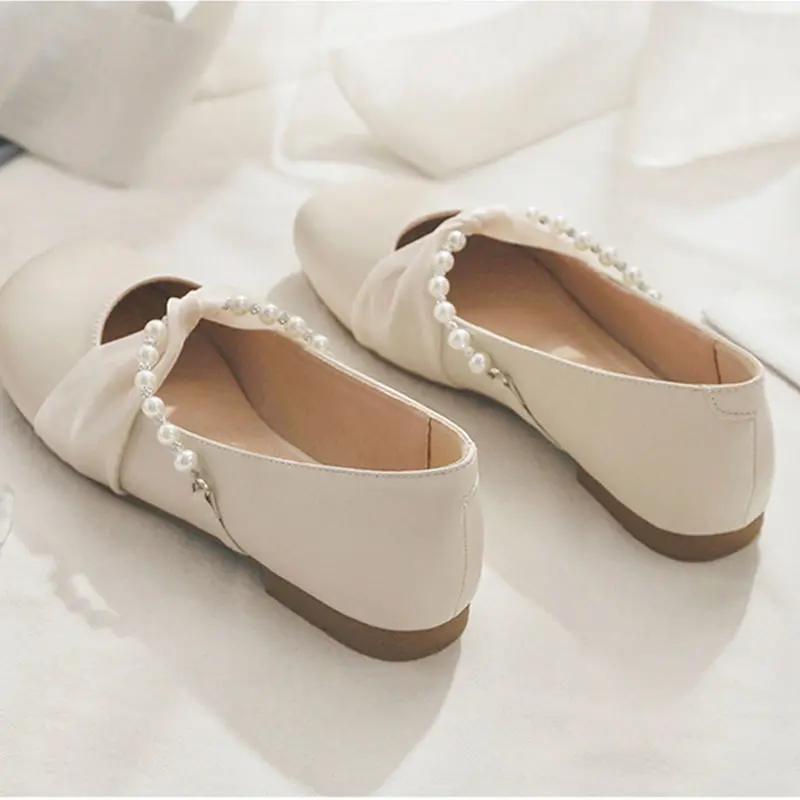 Fashion Low Heel Elegant Shoes for Women Round Toe Woman Flats Pearl Spring Wholesale Dress Young on Offer Summer 2025 Casual Y2k Slip