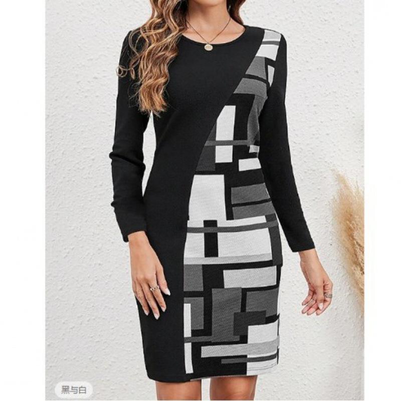 Women's Spring Summer Geometric Print Bodycon Midi Dress, Round Neck Long Sleeve Slim Fit Casual Office Work Dress