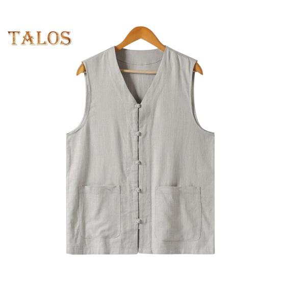 

Мужской летний жилет однобортный в ретро-китайском стиле с завязками на пуговицах, свободный, без рукавов, с V-образным вырезом, накладными карманами, однотонный повседневный топ L серый