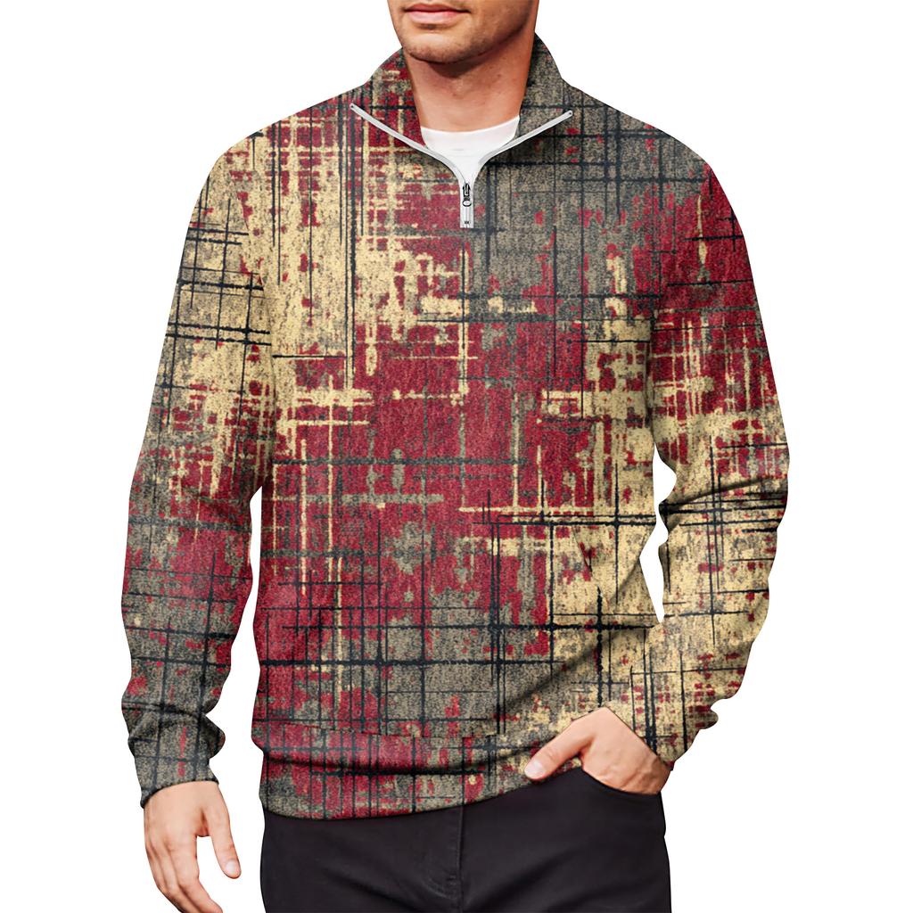 Men's Loose Casual 1/4 Zip Sweatshirt Fashion Printed Long Sleeve Top With Pockets