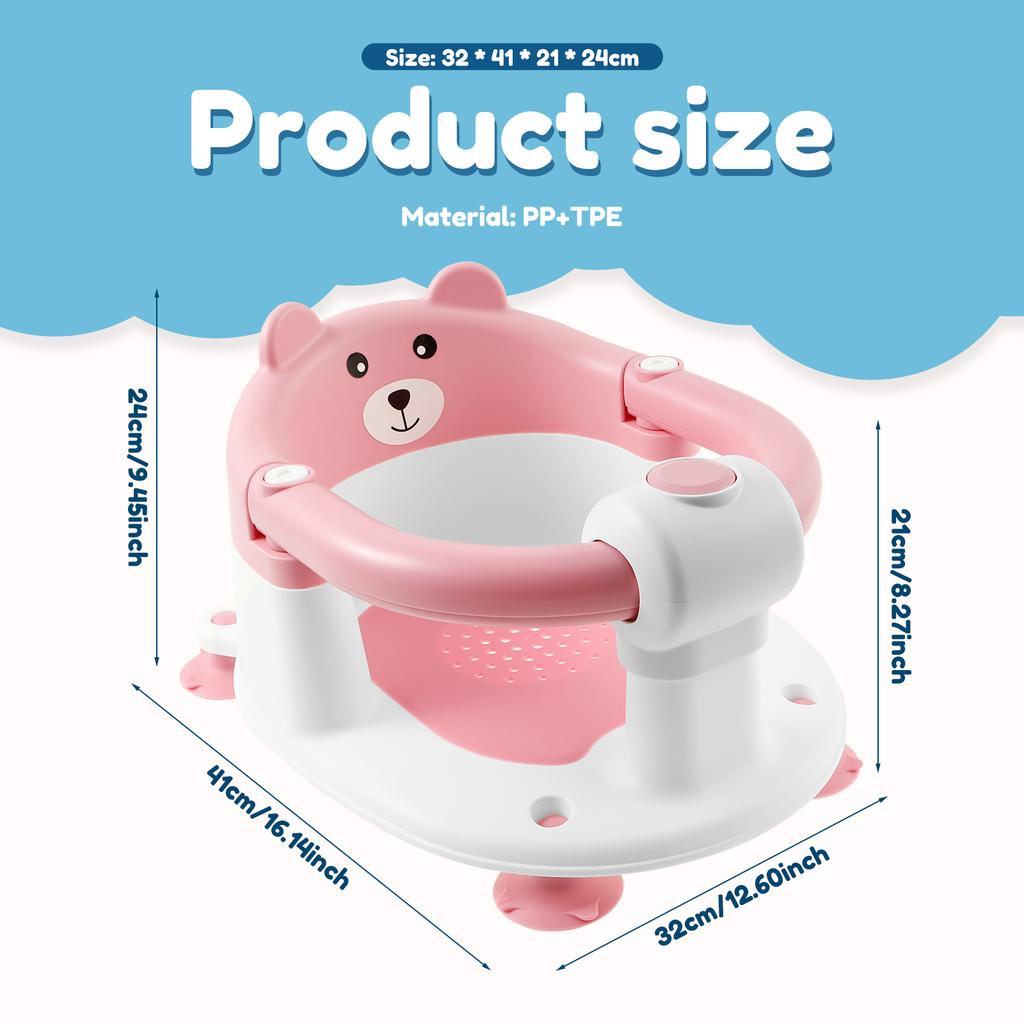 Baby Bath Seat Newborn Shower Bathtub Stand with Foldable Armrest Non-Slip Cute Cartoon Toddler Bath Chair Support