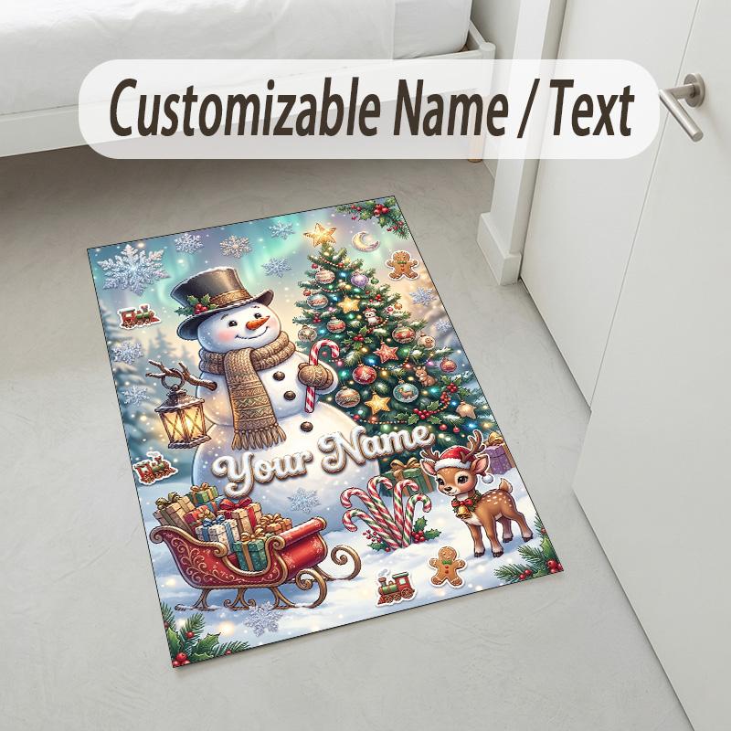 Christmas Theme Crystal Velvet Rug Personalized Custom Name Text Soft Floor Mat Home Decor