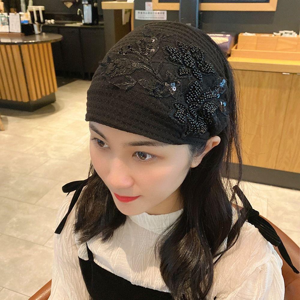 Girls Knitted Wide Side Bead Hair Accessories Flower Hair Hoop Women Hairband Korean Style Headband