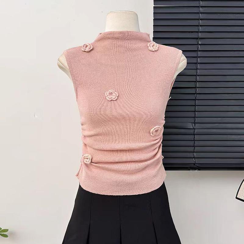 

French Style Half Turtleneck Three-Dimensional Flower Sleeveless Vest For Women Summer Pleated Waist Slim Fit