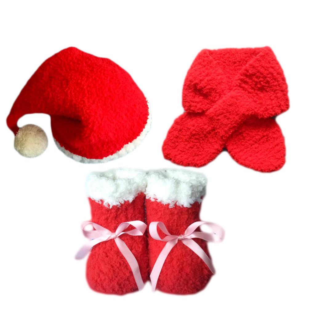 Handcrafted Knitted Baby Christmas Hat & Scarf Set - Skin-Friendly Velvet, Multiple Pieces Holiday Wear