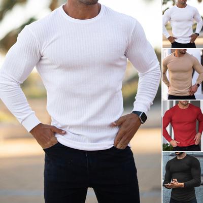 Men T-shirt Solid Color Long Sleeve Round Neck Slim Fit Pullover Warm Casual Breathable Men Spring Top for Daily Wear