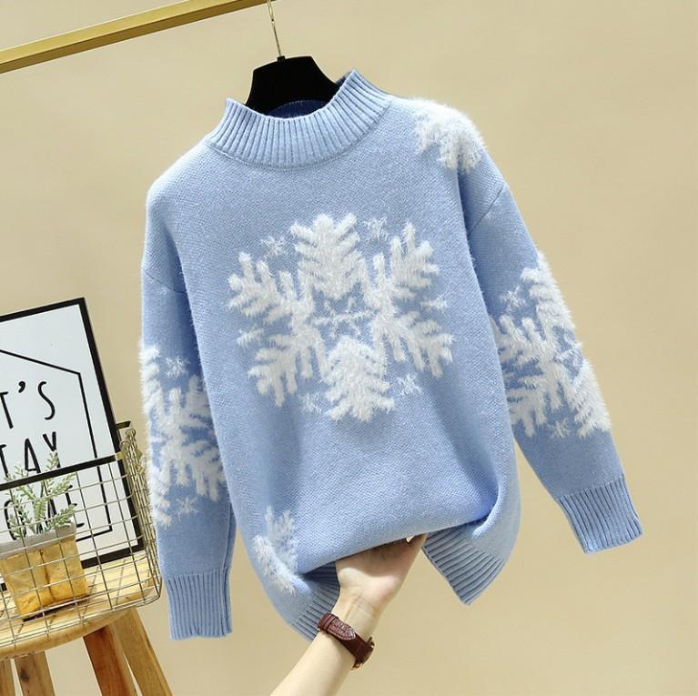 

Свободные водолазки со снежинками, женские пуловеры, вязаные свитера больших размеров, повседневные однотонные свитера с длинными рукавами, пальто OneSize синий