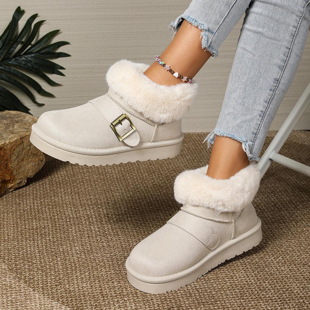 Fashion Casual Metal Buckle Decoration Thick Bottom Snow Boots Fashion Low Heel Boots Women Winter Warm Short Plush Shoes