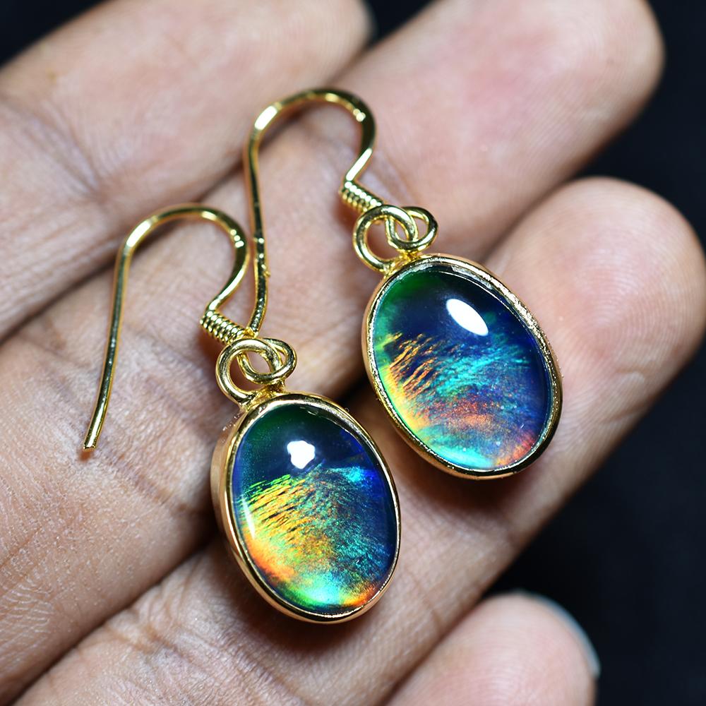 18K Gold Plated 27.75Ct Natural Multicolor Opal CERTIFIED Oval Gem Earring Pair MY. ER-46-NS