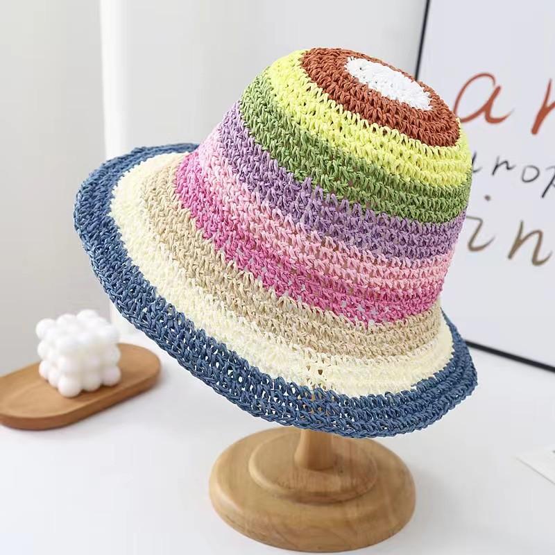 Cappello di Paglia Estivo Coreano con Arcobaleno Fatto a Mano a Falda Larga Protezione Solare per Vacanza al Mare