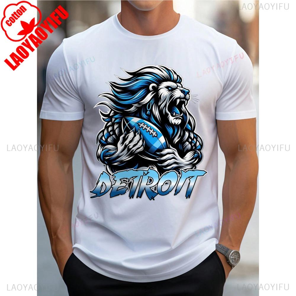 ZX Tee Detroit Football Lion Print T Shirt Tees for Men Casual Short Sleeve T-shirt for Summer Solid Color Cotton Comfort