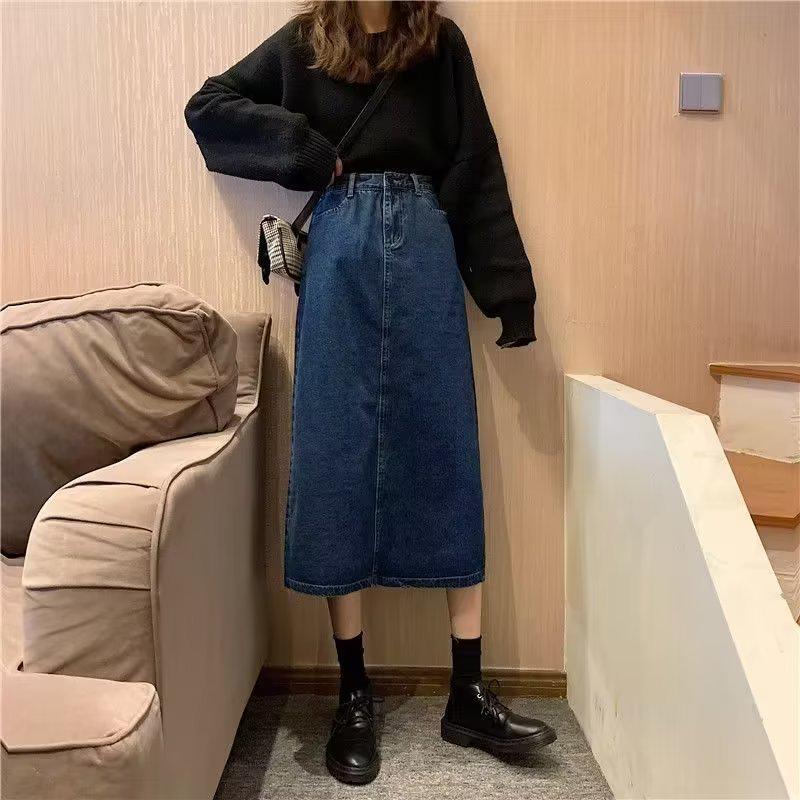 Women's Mid-Length High-Waist A-Line Denim Skirt - 2023 New Winter Korean Retro Style
