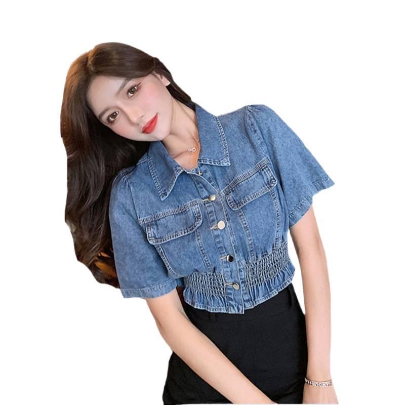 Korean Style Cinched Waist Slimming Denim Summer Top