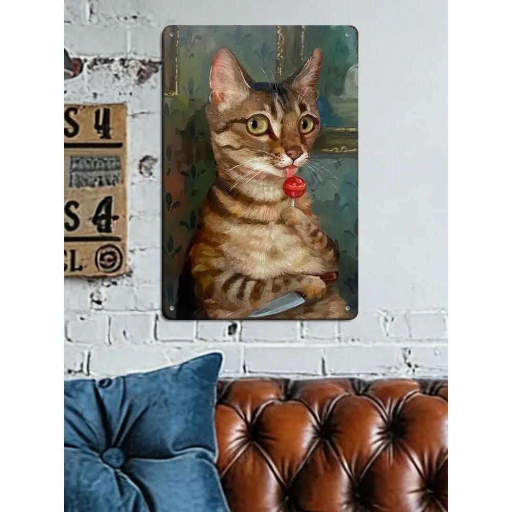 Vintage Tabby Cat Wall Art Aluminum Metal Painting Lollipop Knife Decor 20x30cm